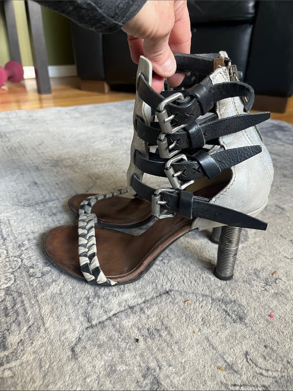A.S.98 strappy heels with a distressed “screw” for a heel.